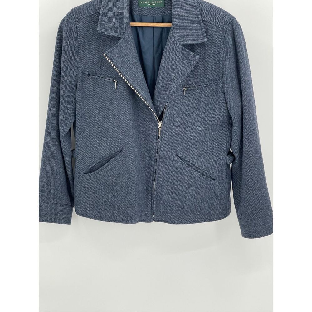 Lauren Ralph Lauren Blazer Jacket Women Petite Small Full Zip Moto Blue Wool